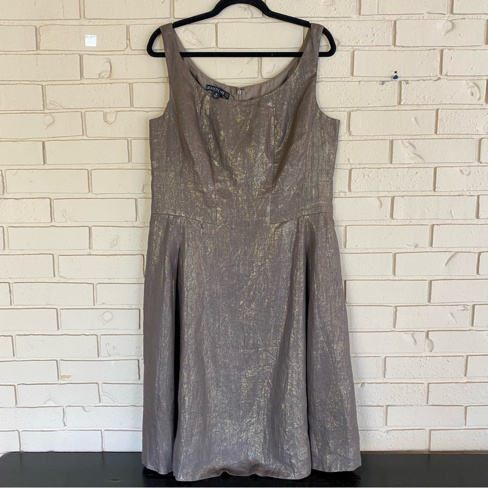 Lafayette 148 Womens Linen Sleeveless Metallic Gold Shift Dress Size 14 Cocktail